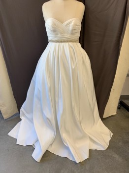 Womens, Wedding Gown, DAVID'S BRIDAL, White, Polyester, Nylon, 8, Sweetheart Neckline, Strapless, Ruched Bodice, Beaded Pearl Attached Waist Band, Zip Back, Ball Gown, Floor Length