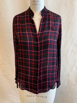 L'AGENCE, Black, Red, Blue, White, Silk, Plaid, Stand Collar, Button Front, V-neck, Long Sleeves, Gathered Back Yoke