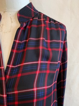 L'AGENCE, Black, Red, Blue, White, Silk, Plaid, Stand Collar, Button Front, V-neck, Long Sleeves, Gathered Back Yoke