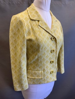 Womens, Blazer, PIERRE DELANEAU, Mustard Yellow, Wool, Abstract , B:38, 4 Mustard Buttons, Notched Lapel, 2 Pockets with Flaps, Boxy Fit, No Lining,