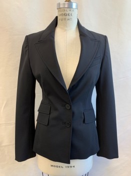 Womens, Blazer, KAREN MILLEN, Black, Wool, Elastane, Solid, 6, Single Breasted, Collar Attached, Peaked Lapel, 2 Buttons,  3 Pockets, Long Sleeves, Panelled Back with Heavy Self Stitching