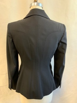 Womens, Blazer, KAREN MILLEN, Black, Wool, Elastane, Solid, 6, Single Breasted, Collar Attached, Peaked Lapel, 2 Buttons,  3 Pockets, Long Sleeves, Panelled Back with Heavy Self Stitching