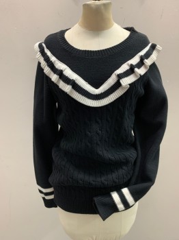 TOMMY HILFIGER, Black, White, Cotton, Solid, Stripes, Round Neck, Striped Ruffle Applique in V in Front and Around Back Arm-eyes. Cable Knit Front Panel, Striped Bands at Cuffs