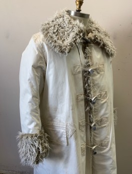 N/L MTO, Off White, Lt Gray, Rubber, Polyester, Solid, Arctic Adventure Fantasy, Grubby/Well Worn Gray Plush Faux Fleece Trim at Collar, Cuffs and Front Opening, 5 Toggle Closures with Gray "Bone" Toggles, Aged/Dirty Throughout, Made To Order
