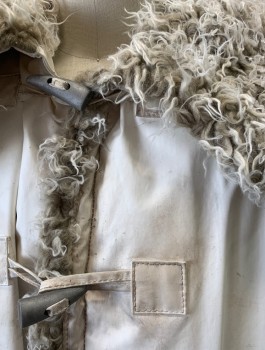 N/L MTO, Off White, Lt Gray, Rubber, Polyester, Solid, Arctic Adventure Fantasy, Grubby/Well Worn Gray Plush Faux Fleece Trim at Collar, Cuffs and Front Opening, 5 Toggle Closures with Gray "Bone" Toggles, Aged/Dirty Throughout, Made To Order