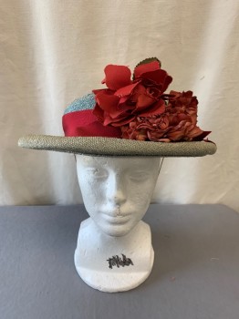 Womens, Hat 1890s-1910s, MTO, Sea Foam Green, Red, Green, Silk, Straw, Solid, Scratchy Weave, Boater Shape, Rolled Brim, Grosgrain Band and Bow, Red Flowers