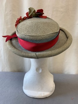 Womens, Hat 1890s-1910s, MTO, Sea Foam Green, Red, Green, Silk, Straw, Solid, Scratchy Weave, Boater Shape, Rolled Brim, Grosgrain Band and Bow, Red Flowers