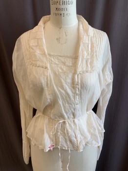 Womens, Blouse 1890s-1910s, FLEUR DE LIS, Ecru, Cotton, Solid, B 38+, Cotton Voile, Asymmetrical Button Front, Long Sleeves. Knife Pleats From Shoulders, Fagotting in Grid Pattern on Collar, Bib and Cuffs, Lace Trim Collar and Cuffs