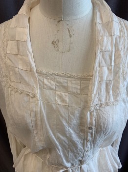 Womens, Blouse 1890s-1910s, FLEUR DE LIS, Ecru, Cotton, Solid, B 38+, Cotton Voile, Asymmetrical Button Front, Long Sleeves. Knife Pleats From Shoulders, Fagotting in Grid Pattern on Collar, Bib and Cuffs, Lace Trim Collar and Cuffs