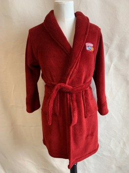 Childrens, Robe, URBAN PIPELINE, Red, Polyester, Solid, Novelty Pattern, S, Shawl Collar, L/S, 2 Pockets, Matching Tie Belt, "CHAMP" with Sportl Patch, Large Football, Soccer Ball, and Basketball Patch on Back, MULTIPLES