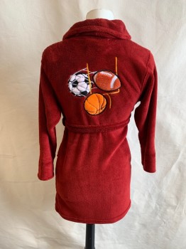 Childrens, Robe, URBAN PIPELINE, Red, Polyester, Solid, Novelty Pattern, S, Shawl Collar, L/S, 2 Pockets, Matching Tie Belt, "CHAMP" with Sportl Patch, Large Football, Soccer Ball, and Basketball Patch on Back, MULTIPLES