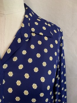 L'AGENCE, Dk Blue, Antique Gold Metallic, White, Silk, Geometric, Floral, Collar Attached, Long Sleeves, Button Front, Inverted Pleat at Back