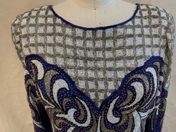 Womens, Evening Gown, ALISHA, Royal Blue, White, Silver, Purple, Silk, Beaded, Abstract , Geometric, H40, B38, Round Neck,  Long Sleeves, Zip Back, Shoulder Pads, Back Slit, Below Knee