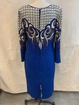Womens, Evening Gown, ALISHA, Royal Blue, White, Silver, Purple, Silk, Beaded, Abstract , Geometric, H40, B38, Round Neck,  Long Sleeves, Zip Back, Shoulder Pads, Back Slit, Below Knee