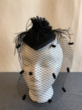 Womens, Fascinator, N/L, Black, Acetate, Feathers, Small Teardrop Base with Comb, Fabric Flowers with Feathers, Net Veil with Pipe Cleaner Dots