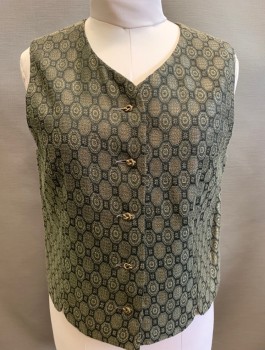 Womens, Vest, VALERIE STEVENS, Taupe, Brown, Black, Acetate, Rayon, Geometric, B:40, L, Hexagon and Squares Pattern Brocade, 5 Gold "Knotted" Buttons, V-neck, Taupe Lining