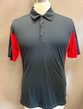 JOE'S USA, Black, Red, Polyester, Solid, Stretchy, Red Panel at Under Arms and Sides, Short Sleeves, Collar Attached, 3 Button Placket, for Golf or Tennis