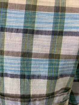 TOMMY BAHAMA, Sky Blue, Ecru, Yellow, Gray, Cotton, Plaid, Short Sleeves, Collar Attached, 1 Pocket,
