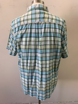 TOMMY BAHAMA, Sky Blue, Ecru, Yellow, Gray, Cotton, Plaid, Short Sleeves, Collar Attached, 1 Pocket,