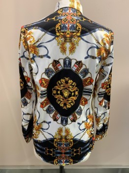 NL, White, Multi-color, Cotton, Novelty Pattern, L/S, Button Front, Clear And Gold Buttons, Buckle And Crest Print
