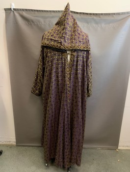 Mens, Historical Fiction Robe, MTO, Purple, Gold, Polyester, Geometric, Floral, O/S, Frog Closure, Pointed Hood Attached, Wide Sleeves, Swirl Applique Trim