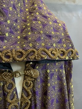Mens, Historical Fiction Robe, MTO, Purple, Gold, Polyester, Geometric, Floral, O/S, Frog Closure, Pointed Hood Attached, Wide Sleeves, Swirl Applique Trim