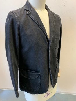 PROSPECTIVE FLOW, Faded Black, Cotton, Faded, Denim, Single Breasted, 2 Buttons,  Notched Lapel, 2 Pocket Flap, 1 Patch Pocket,