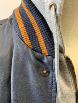 OBEY, Navy Blue, Heather Gray, Mustard Yellow, Faux Leather, Poly/Cotton, Solid, Pleather Body with Heather Gray Jersey Hood, and Zipper Placket in Front, Snap Closures, Navy and Mustard Stripe Rib Knit Cuffs, Waistband and Neck