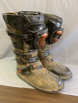 Mens, Sci-Fi/Fantasy Boots , N/L MTO, Brown, Black, Leather, Rubber, Sz.12, Tactical Futuristic Boots, Panels of Aged Leather, Rose Gold Buckles and Attachments, Just Below Knee Length, Made To Order, Multiples
