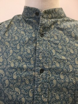 WAH MAKER, Teal Green, Beige, Cotton, Paisley/Swirls, Teal Green with Beige Paisley Print, Stand, Metal Button Front, Puffy Long Sleeves, 1 Pocket