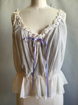 Womens, Camisole 1890s-1910s, M.T.O., Cream, Lavender Purple, Cotton, Rayon, B40, Cream Sheer Mesh Knit with Cream Eyelet Lace Trim At Scoop Neckline with Lavender Ribbon Drawstring. Dark Brown Silk Chiffon Underlay, Sleeveless. Elasticated Waist.Gray Blue Stain On Back