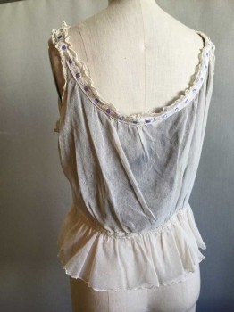 Womens, Camisole 1890s-1910s, M.T.O., Cream, Lavender Purple, Cotton, Rayon, B40, Cream Sheer Mesh Knit with Cream Eyelet Lace Trim At Scoop Neckline with Lavender Ribbon Drawstring. Dark Brown Silk Chiffon Underlay, Sleeveless. Elasticated Waist.Gray Blue Stain On Back