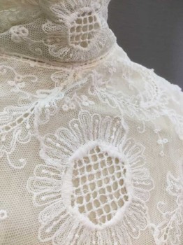N/L, Cream, White, Lace, Cotton, Floral, Solid, Cream Triangular Lace Yoke with Layers Of Ruffles, High Neck, Body Is Lightweight White Cotton, Long Sleeves Are Horizontal Ruffles Of Lace with Sheer Net Tapered Cuffs, Button In Back,** Some Ruffles Coming Undone In Back,