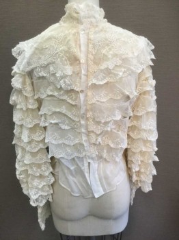 N/L, Cream, White, Lace, Cotton, Floral, Solid, Cream Triangular Lace Yoke with Layers Of Ruffles, High Neck, Body Is Lightweight White Cotton, Long Sleeves Are Horizontal Ruffles Of Lace with Sheer Net Tapered Cuffs, Button In Back,** Some Ruffles Coming Undone In Back,