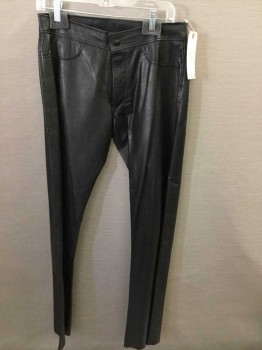 Mens, Leather Pants, JONATHAN LOGAN, Black, Leather, Solid, W:32, Zip/Snap Front, Faux Pockets, Slim Leg, No Belt Loops