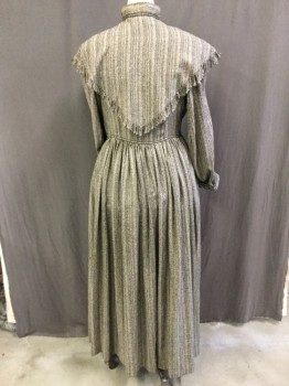 Womens, Dress, Piece 1, 1890s-1910s, MTO, Beige, Black, Cotton, Rayon, Stripes - Vertical , Heathered, W26, B36, Loose Weave, Round Neck,  Button Front, Double Pleats for Bust, Gather Long Skirt, Double Row of Soutache Appliqué at Waist and Cuffs