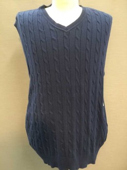 CLUB ROOM, Navy Blue, Cotton, Cable Knit, VEST:  Navy Cable Knit, Ribbed V-neck, Arm Hole and Hem