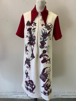100% POLYESTER, Beige, Red Burgundy, Gray, Black, Synthetic, Floral, Novelty Pattern, Burgundy Collar Attached & Short Sleeves, Zip Front,