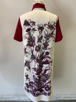 100% POLYESTER, Beige, Red Burgundy, Gray, Black, Synthetic, Floral, Novelty Pattern, Burgundy Collar Attached & Short Sleeves, Zip Front,