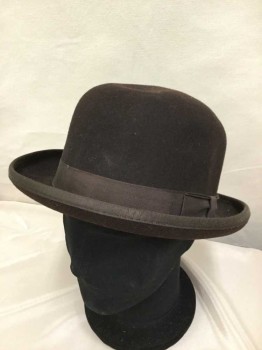 Mens, Bowler Hat 1890s-1910s, Golden Gate Hat Co, Chocolate Brown, Wool, Solid, 7 3/8, 1" Grosgrain Band/bow and Edge Trim Soft Structure,