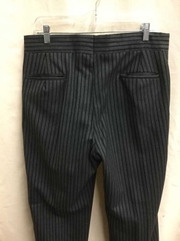 Mens, Pants 1890s-1910s, NO LABEL, Gray, Black, Wool, Stripes, 28+, 32, Suspender Buttons, Button Fly, Flat Front, Back Welt Pockets