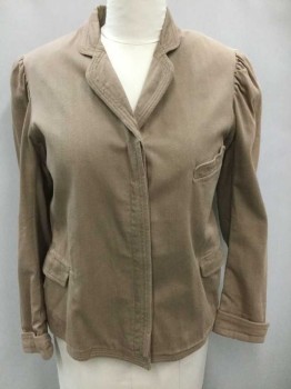 Womens, Jacket 1890s-1910s, N/L, Beige, Lt Pink, Cotton, Solid, B:40, Twill, Rounded Notch Lapel with 4 Top stitching Stripes, 4 Button, Puffy Sleeves with Gathered Shoulders, Cuffed Sleeves, Padded Shoulders, 3 Pockets, Light Pink Silk Lining, Made To Order, **Sun/Light