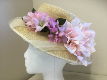Womens, Straw Hat, CHARTER CLUB, Cream, Blush Pink, Lavender Purple, Straw, 22", Straw with Sheer Ribbon, Faux Flowers on Left Side