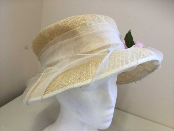 Womens, Straw Hat, CHARTER CLUB, Cream, Blush Pink, Lavender Purple, Straw, 22", Straw with Sheer Ribbon, Faux Flowers on Left Side