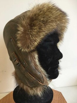 Unisex, Aviator, COTE CUIR, Tobacco Brown, Brown, Leather, Fur, Solid, M, Fully Lined In Real Fur Aviator Style Cap, Bar Code Is Frustratingly Hidden Under Back Buckle Strap, Earflaps Snap Close Under Chin