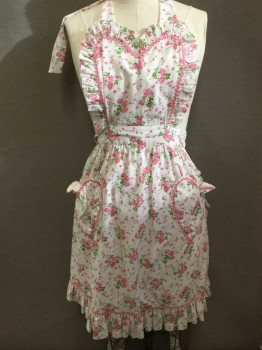 Womens, Apron , N/L, White, Pink, Green, Cotton, Floral, Full/Bib Apron, White W/Pink + Green Flowers, Ruffled Edges, Pink Ric Rac Trim, 2 Heart Shape Patch Pockets, Self Ties At Waist + Neck, Made To Order 1950's Esque