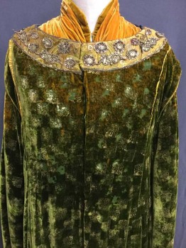 Mens, Historical Fiction Robe, MTO, Green, Yellow, Silk, Metallic/Metal, Ombre, Geometric, 42C, Burn Out Silk Velvet, Gold Checkered Sponge Pant, Long Hanging Sleeves Lined with Yellow Embroidered Cotton, Beaded In Floral Motif at Yoke, Snap and Hook & Eyes CF, Yellow Piping, Made To Order Medieval Inspired,  Goes with FC014760