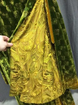 Mens, Historical Fiction Robe, MTO, Green, Yellow, Silk, Metallic/Metal, Ombre, Geometric, 42C, Burn Out Silk Velvet, Gold Checkered Sponge Pant, Long Hanging Sleeves Lined with Yellow Embroidered Cotton, Beaded In Floral Motif at Yoke, Snap and Hook & Eyes CF, Yellow Piping, Made To Order Medieval Inspired,  Goes with FC014760