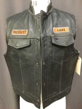 Mens, Leather Vest, Black, Orange, White, Leather, Solid, M/L, Snap Front, 2 Pockets,  Patches, Scull, Motorcycle Gang,