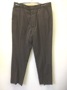 ANDRE DE LEURE, Brown, Black, Polyester, Rayon, Speckled, Brown/Black Streaked Weave, Flat Front, Button Tab Waist, Zip Fly, 4 Pockets, Tapered Leg